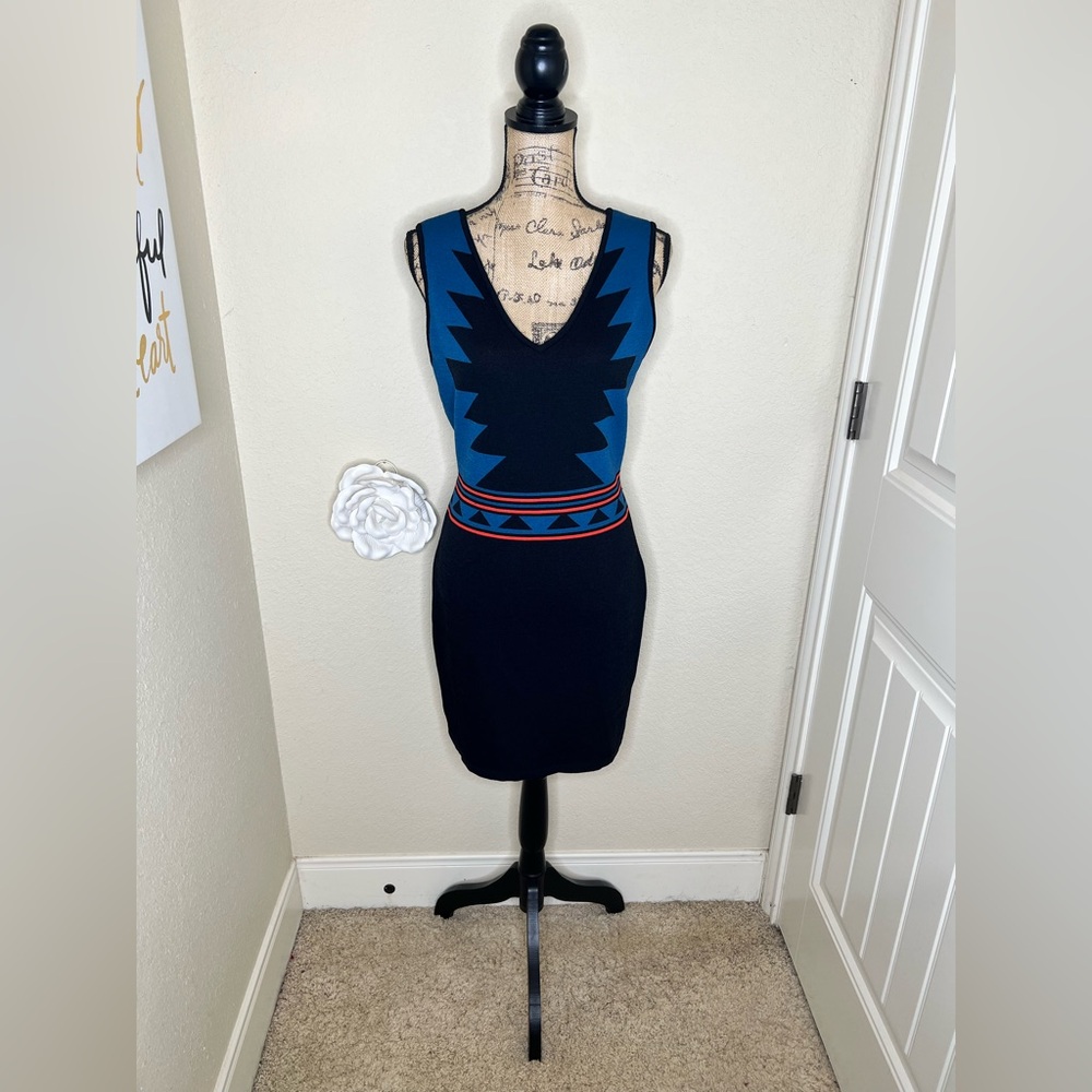 NTM Romeo & Juliet Couture Aztec Bodycon Dress Blue Black Bandage Mini Size L - Picture 2 of 14